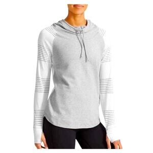 Athleta Limitless Hoodie S Gray White Cowl Neck Perforated Sleeve Thumbhole Top